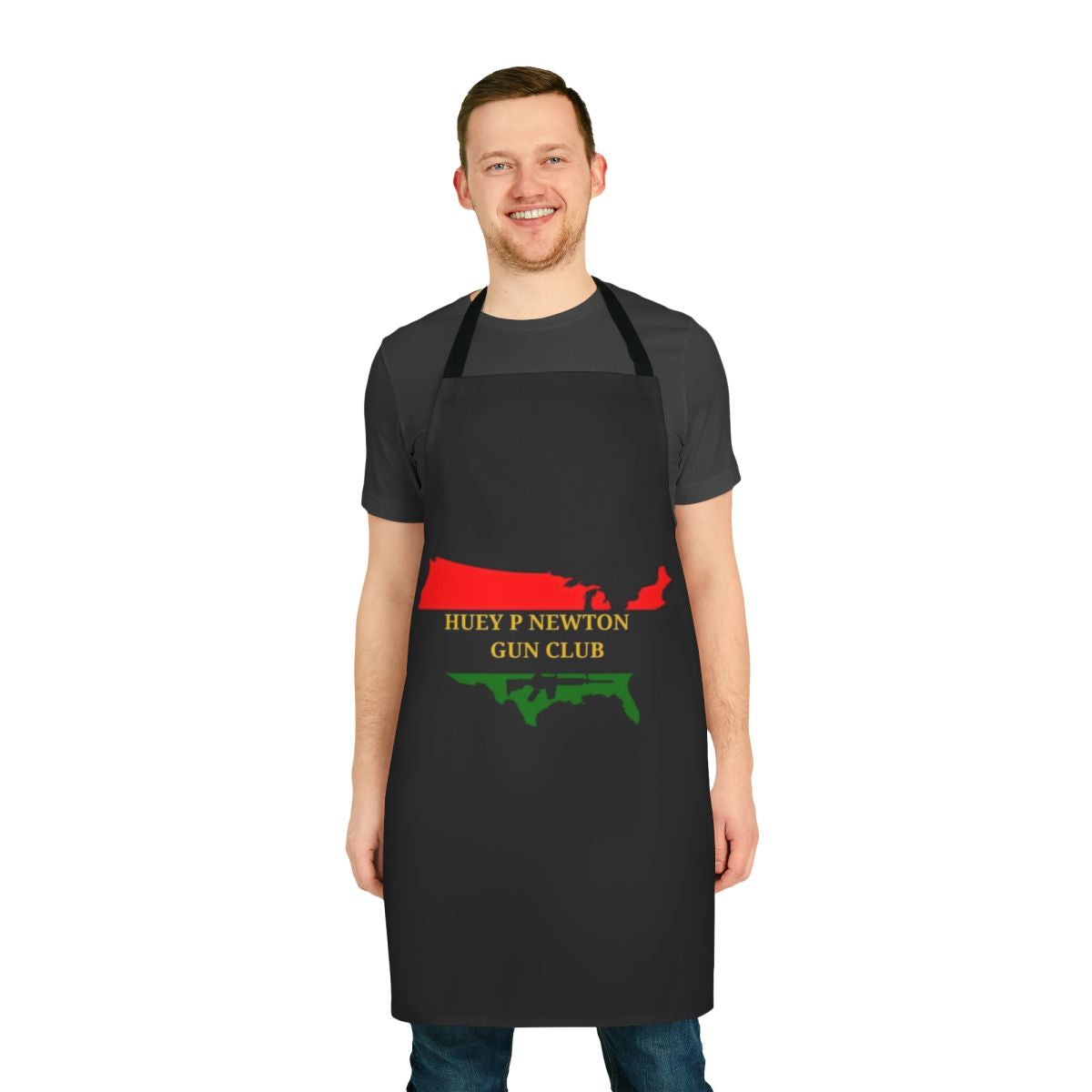 Black and white image of a cooking apron with the Huey P. Newton Gun Club logo