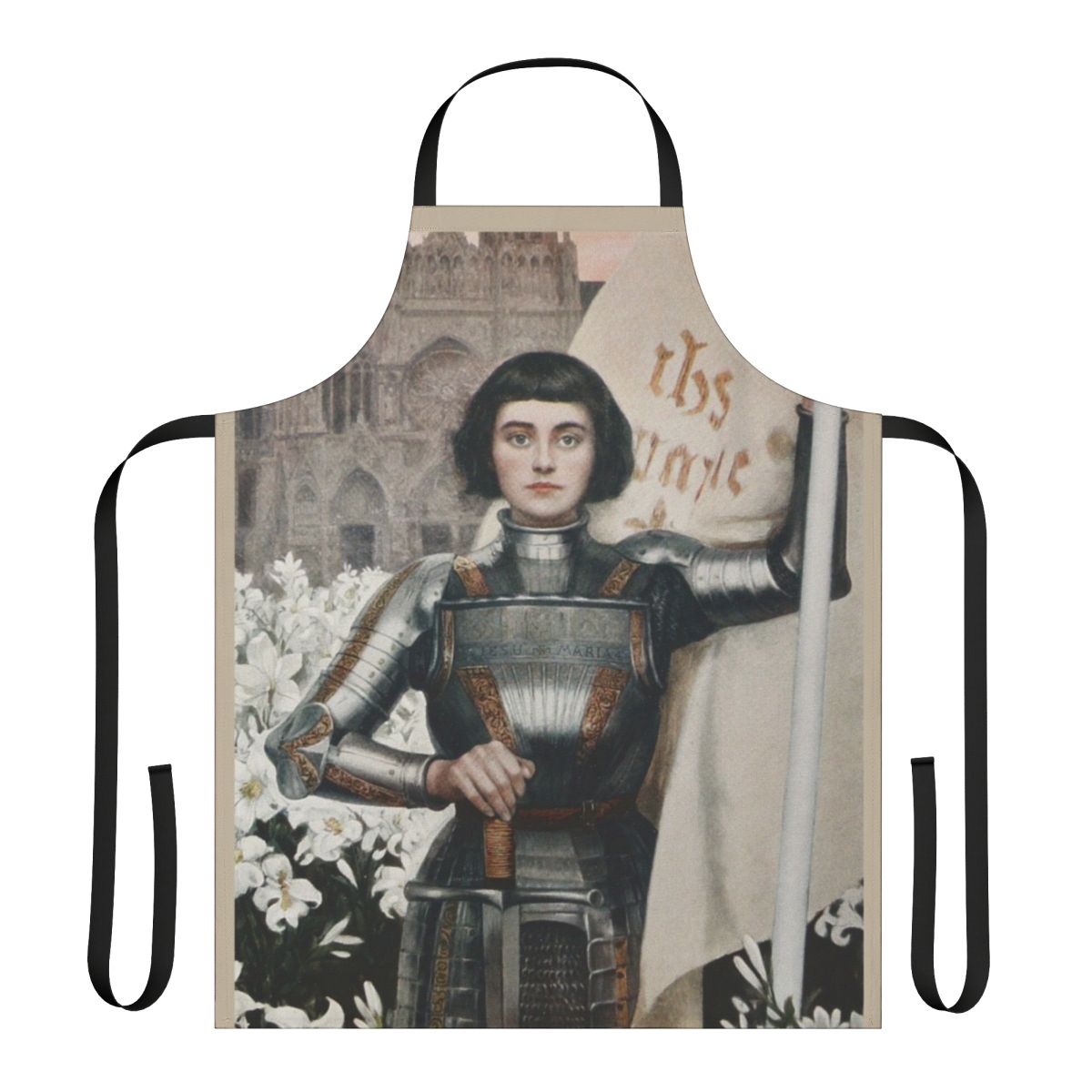 Apron featuring a portrait of Joan of Arc, the famous French heroine and Catholic saint