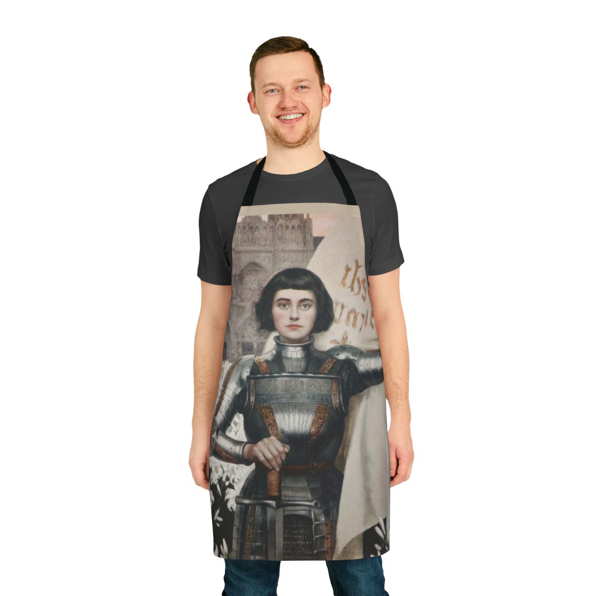 Apron featuring a portrait of Joan of Arc, the famous French heroine and Catholic saint