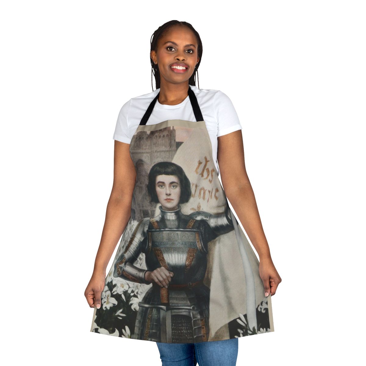Apron featuring a portrait of Joan of Arc, the famous French heroine and Catholic saint