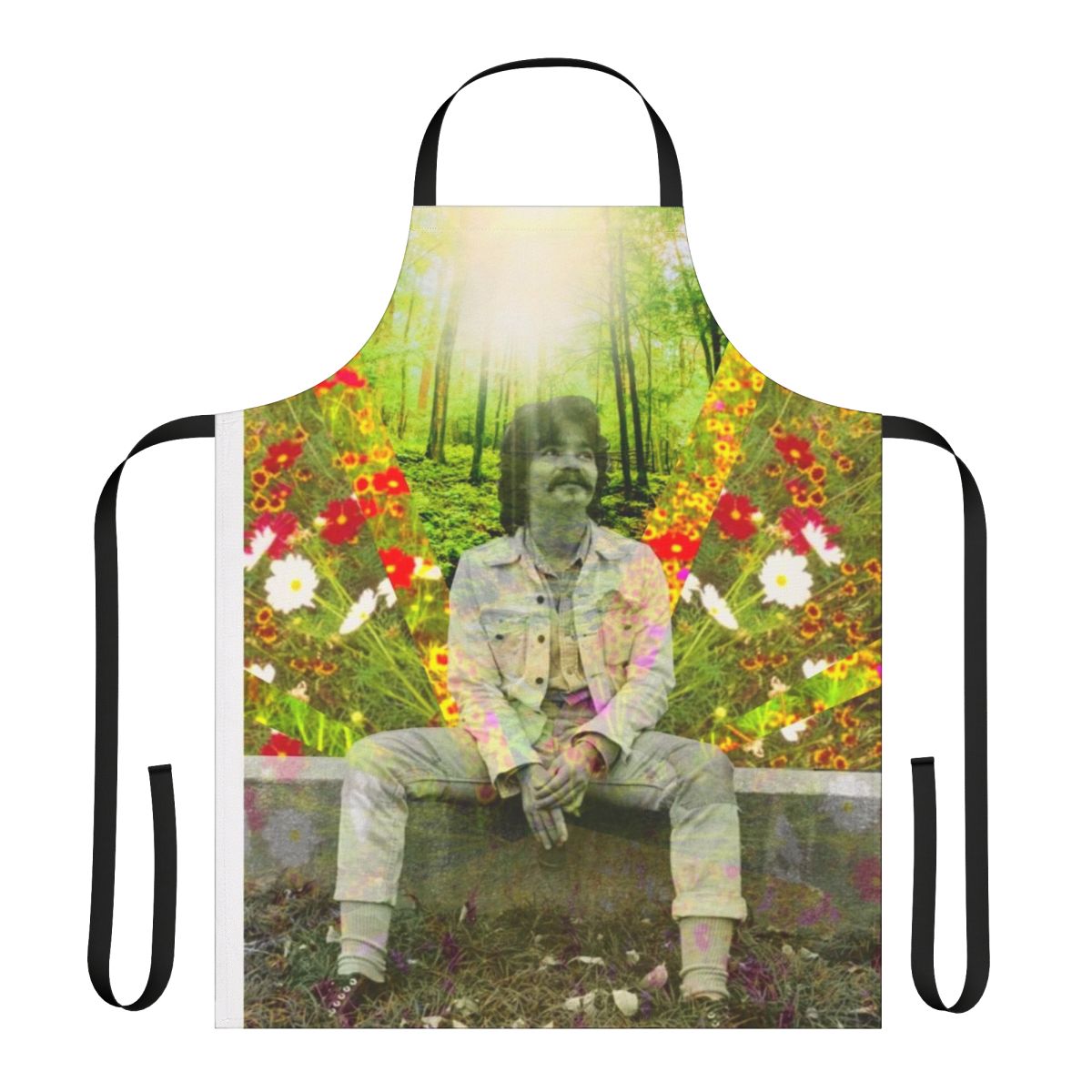 Colorful floral apron design featuring portrait of legendary folk singer-songwriter John Prine