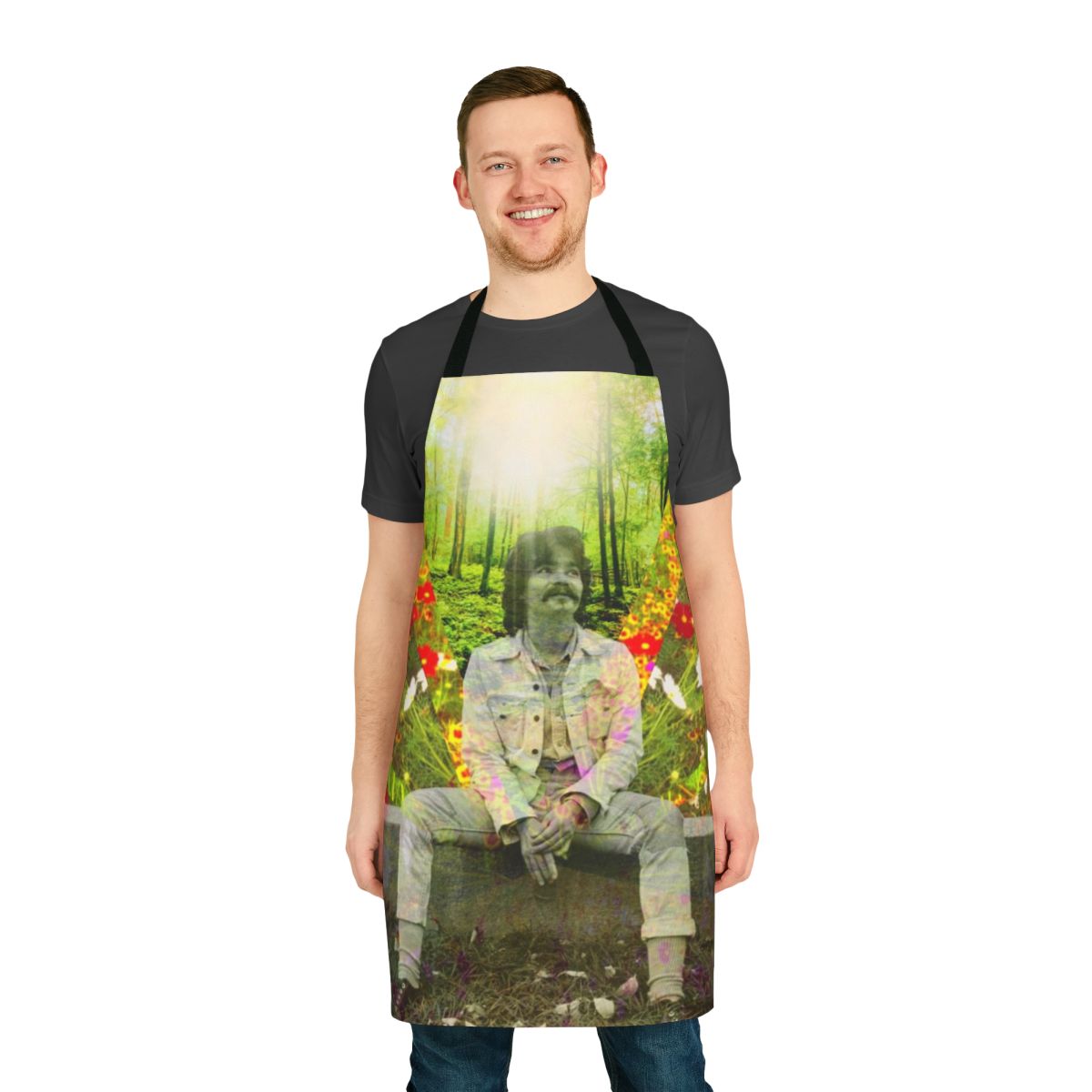 Colorful floral apron design featuring portrait of legendary folk singer-songwriter John Prine