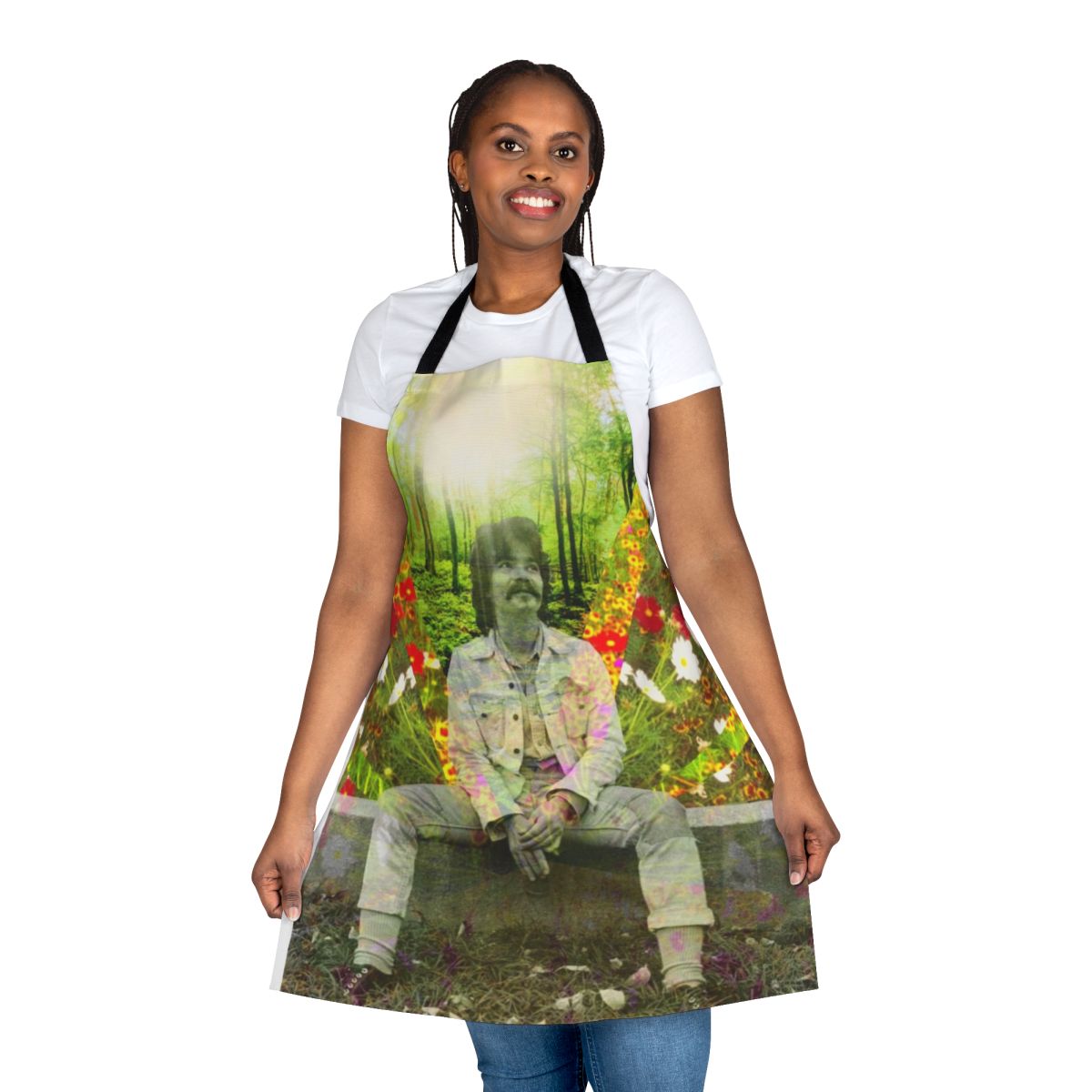 Colorful floral apron design featuring portrait of legendary folk singer-songwriter John Prine