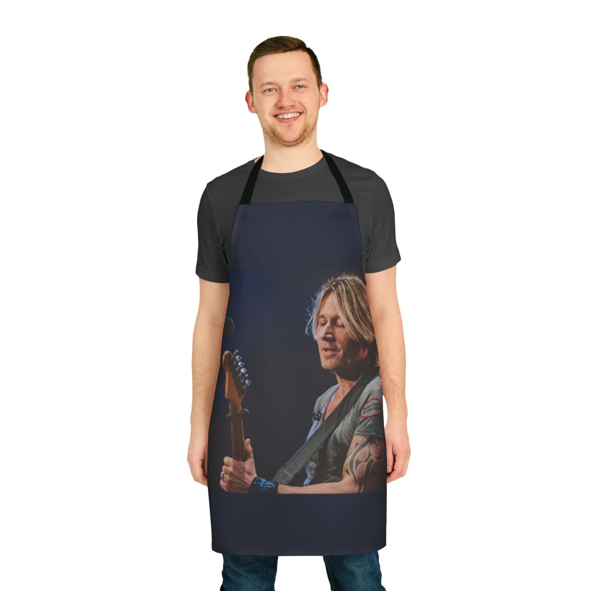 Stylish apron featuring a photograph of country music star Keith Urban performing live on stage