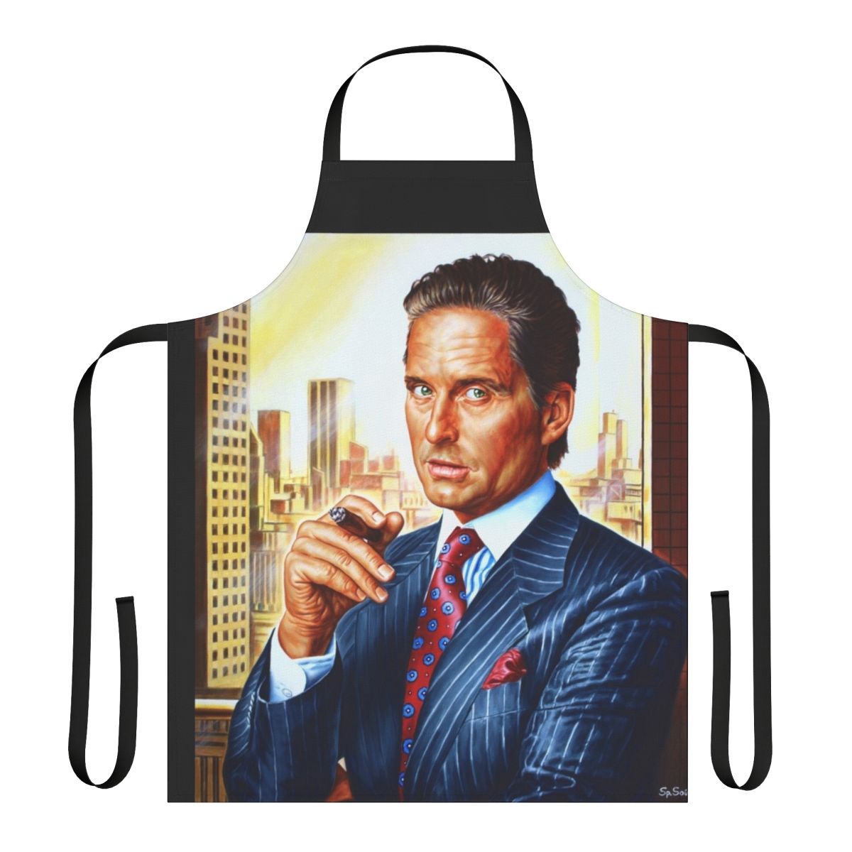 Commemorative apron featuring a portrait of legendary actor Michael Douglas in his iconic Wall Street role as Gordon Gekko