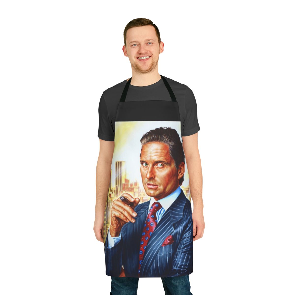 Commemorative apron featuring a portrait of legendary actor Michael Douglas in his iconic Wall Street role as Gordon Gekko
