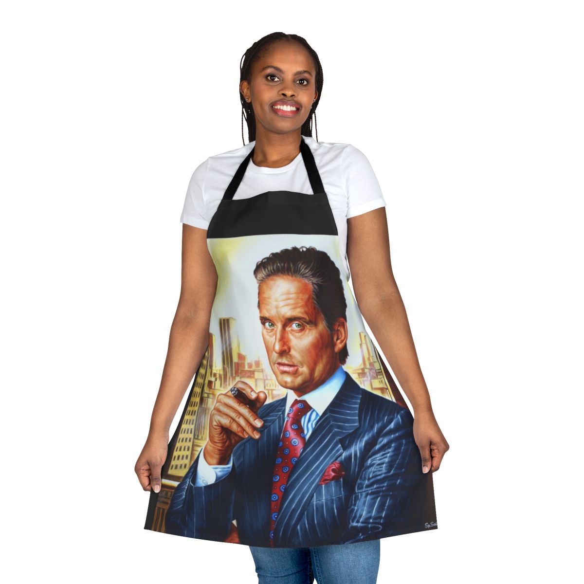 Commemorative apron featuring a portrait of legendary actor Michael Douglas in his iconic Wall Street role as Gordon Gekko