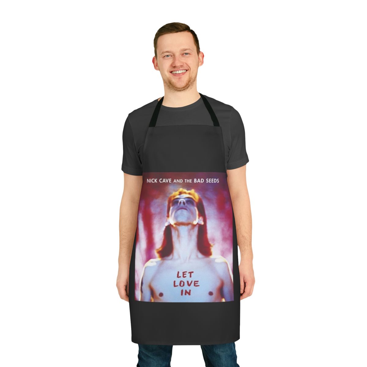 Nick Cave-inspired apron featuring iconic album artwork and band logos