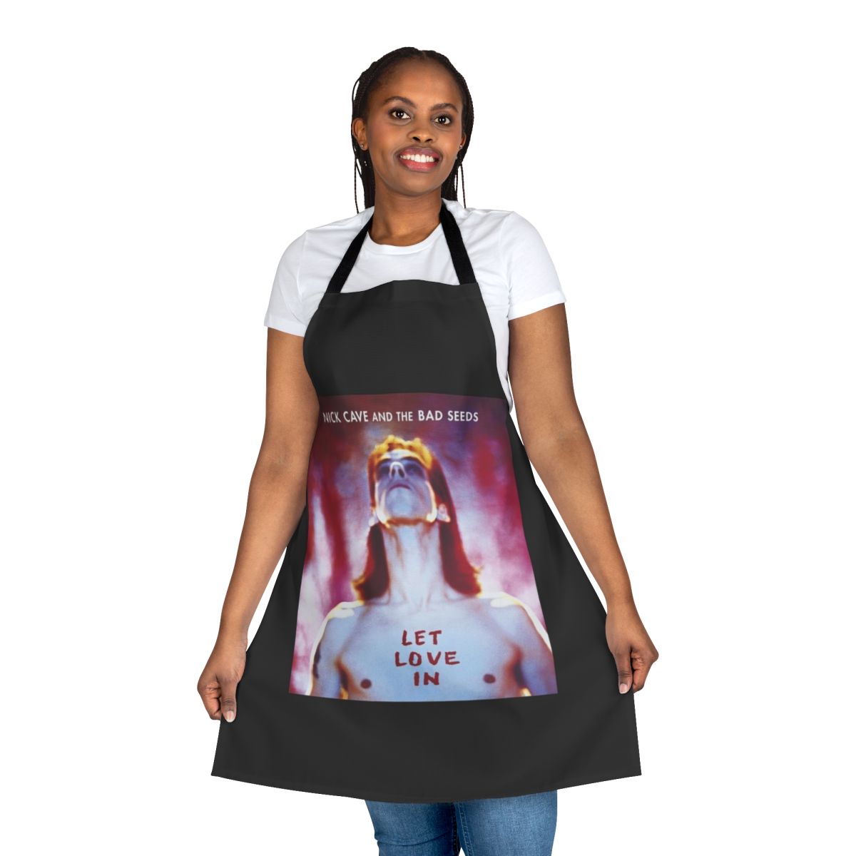 Nick Cave-inspired apron featuring iconic album artwork and band logos