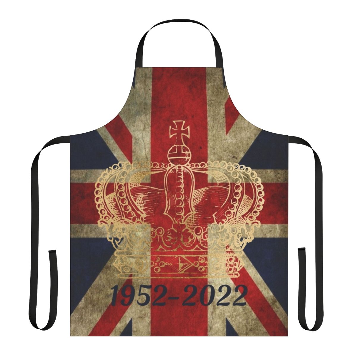 Platinum Jubilee apron featuring the Union Jack flag and crown, celebrating 70 years of Queen Elizabeth II's reign.