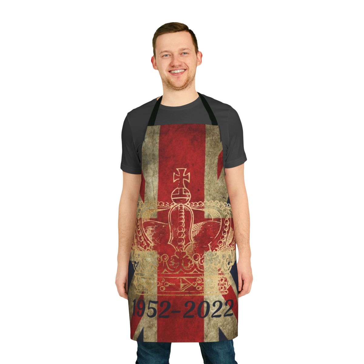 Platinum Jubilee apron featuring the Union Jack flag and crown, celebrating 70 years of Queen Elizabeth II's reign.