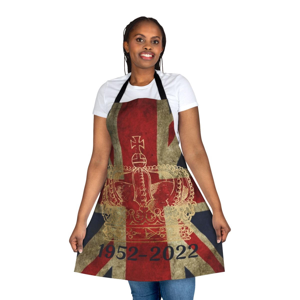 Platinum Jubilee apron featuring the Union Jack flag and crown, celebrating 70 years of Queen Elizabeth II's reign.