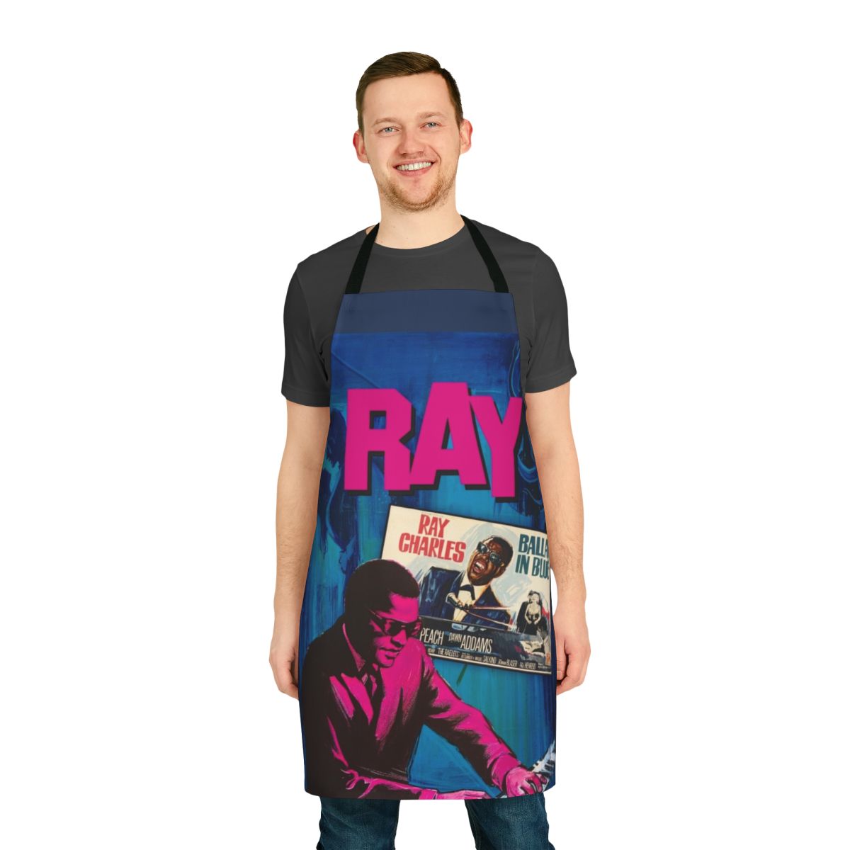 Commemorative Ray Charles inspired apron featuring the iconic "Ballad in Blue" design