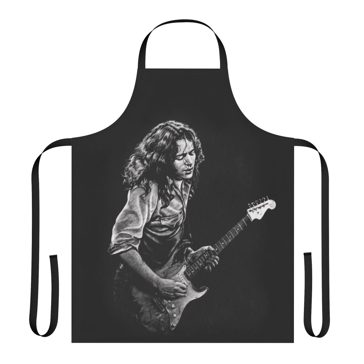 Illustration of renowned Irish guitarist Rory Gallagher on a high-quality kitchen apron