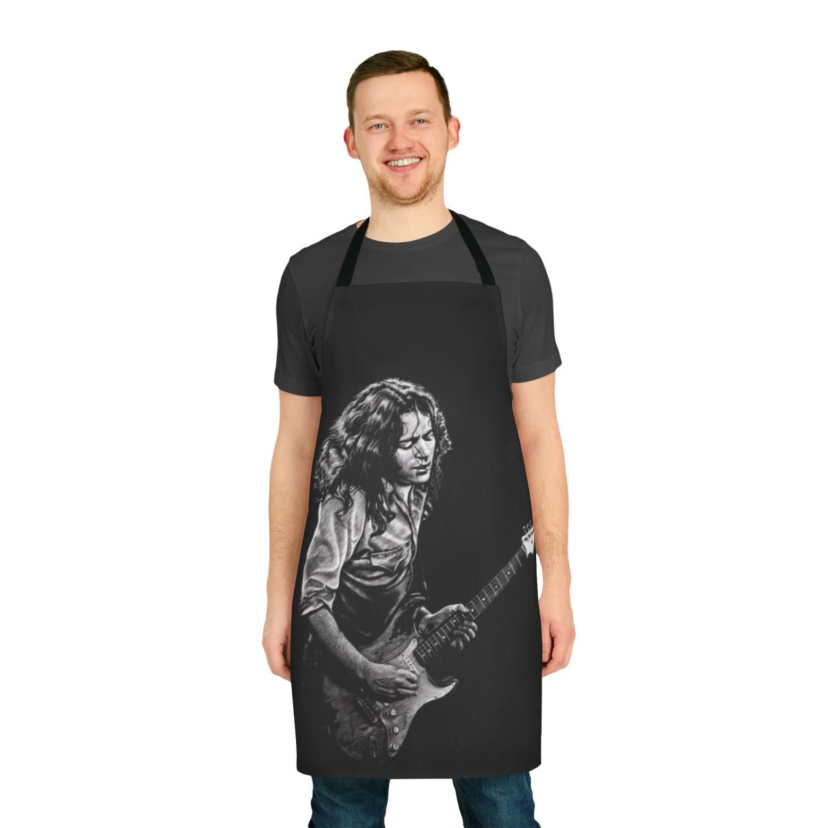 Illustration of renowned Irish guitarist Rory Gallagher on a high-quality kitchen apron