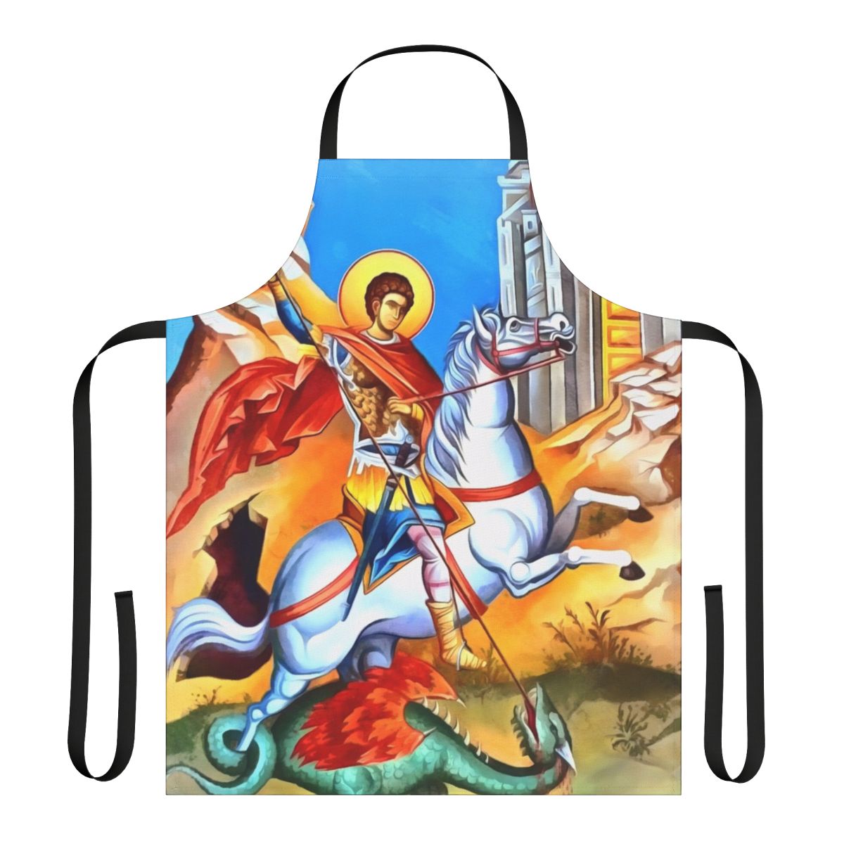 Apron featuring a depiction of Saint George on a white horse
