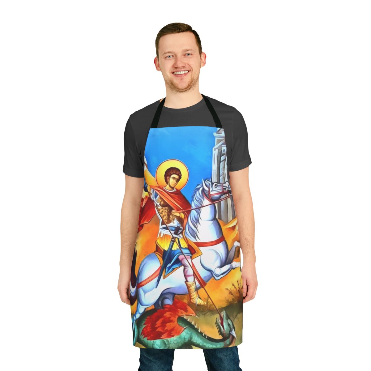 Apron featuring a depiction of Saint George on a white horse