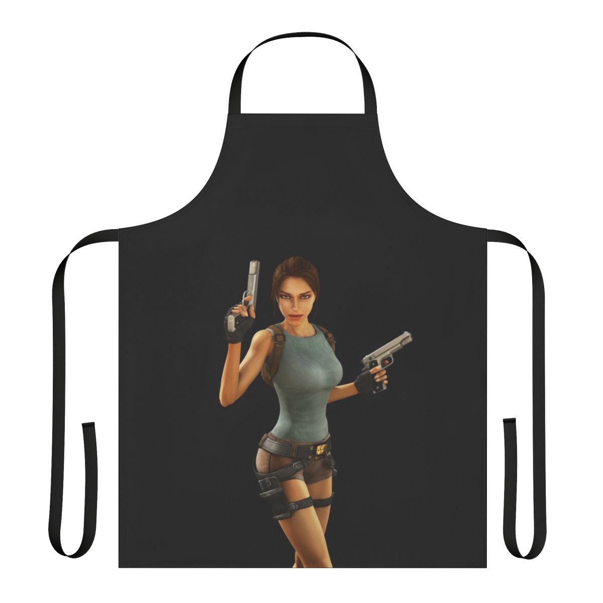 Tomb Raider inspired apron with Lara Croft silhouette and anniversary design