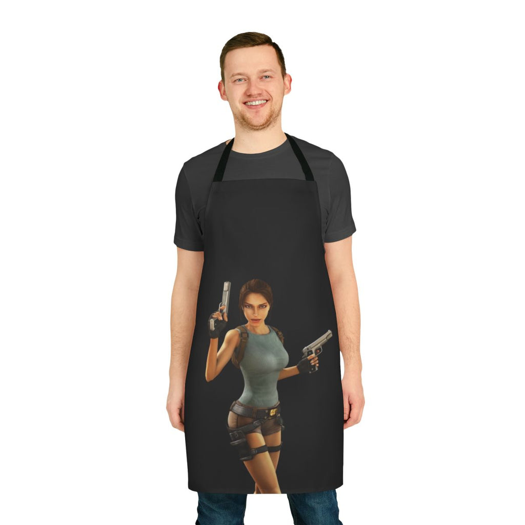Tomb Raider inspired apron with Lara Croft silhouette and anniversary design