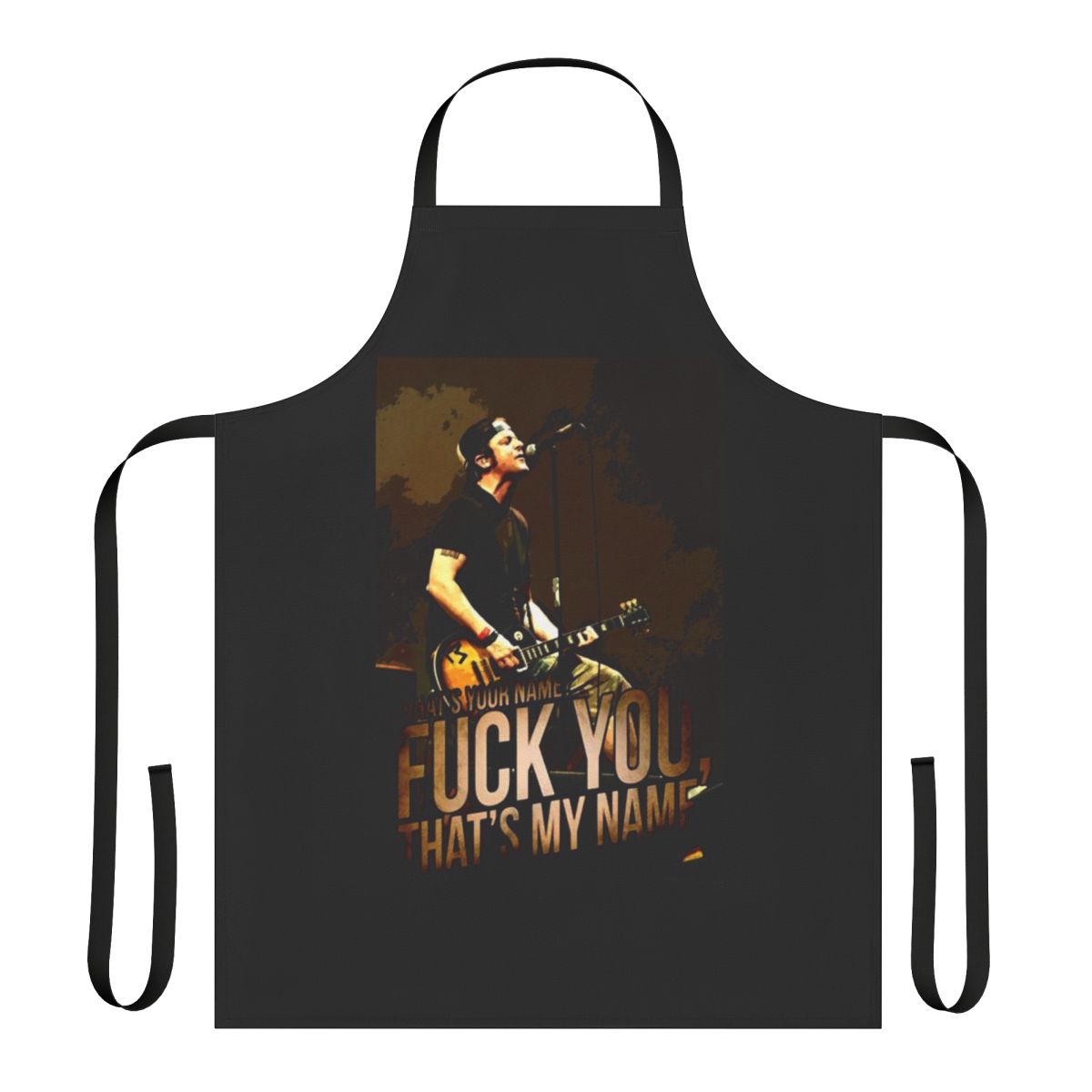A white apron with a graphic paying tribute to the late punk musician "Tony"