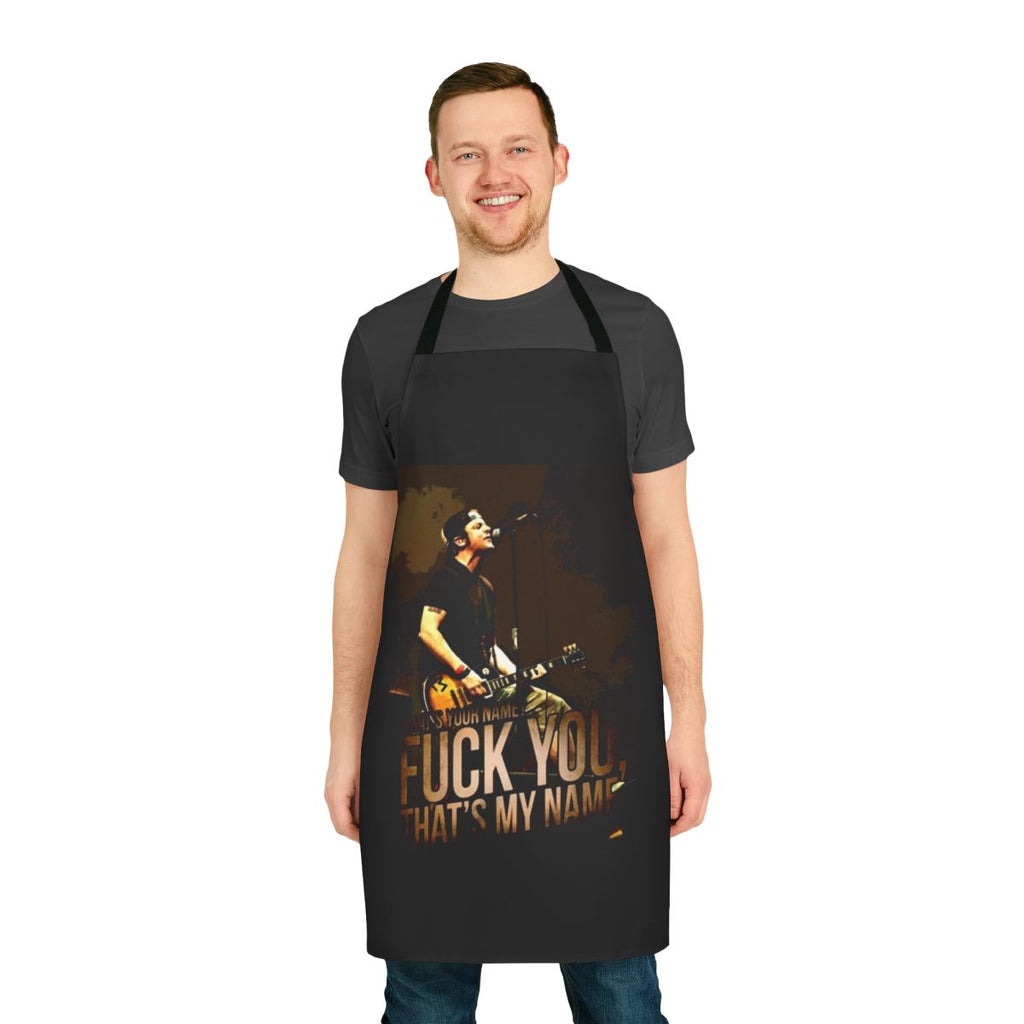A white apron with a graphic paying tribute to the late punk musician "Tony"