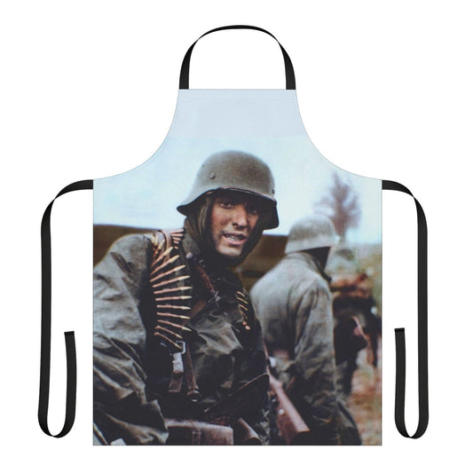 Vintage-inspired apron featuring a colorized image of the Battle of the Bulge from World War II