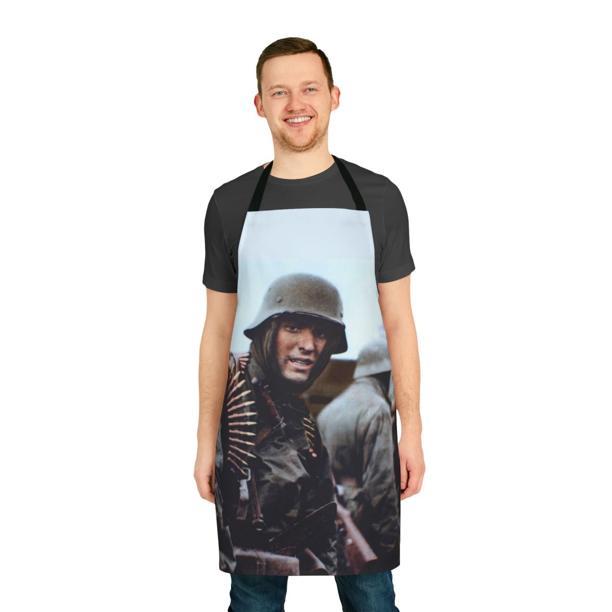 Vintage-inspired apron featuring a colorized image of the Battle of the Bulge from World War II