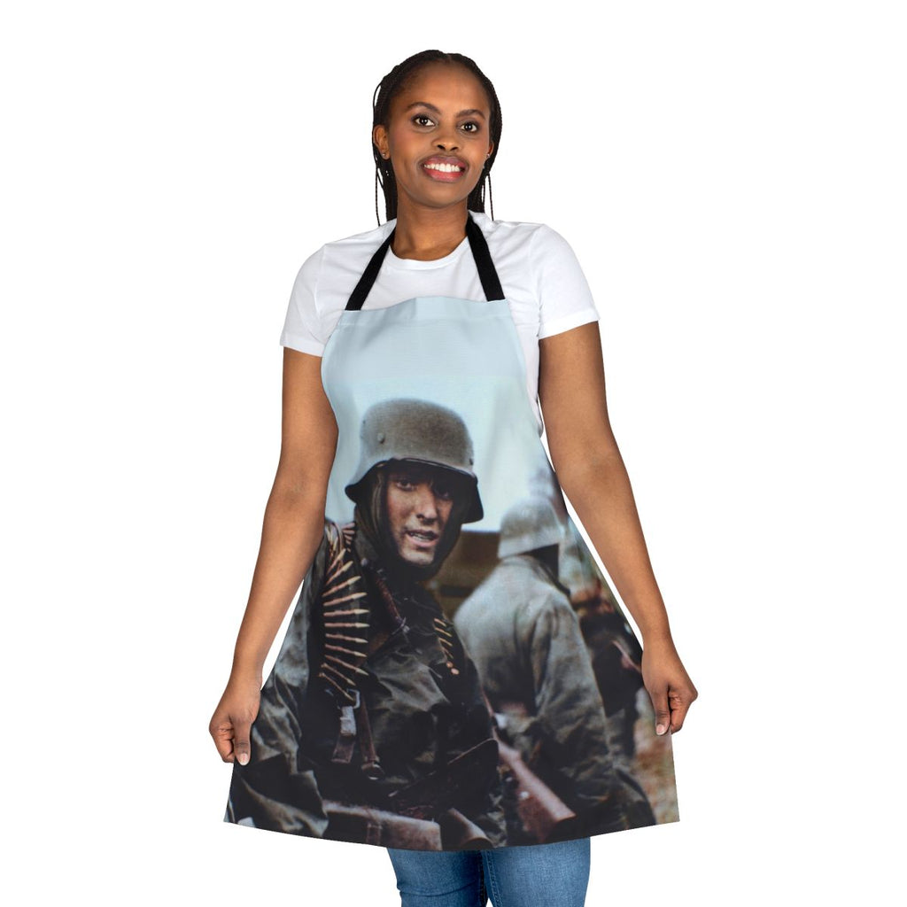 Vintage-inspired apron featuring a colorized image of the Battle of the Bulge from World War II