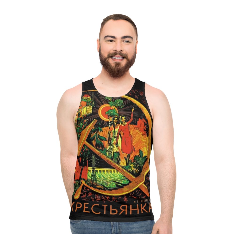 Unisex communist-inspired tank top with vintage Peasant Woman magazine design