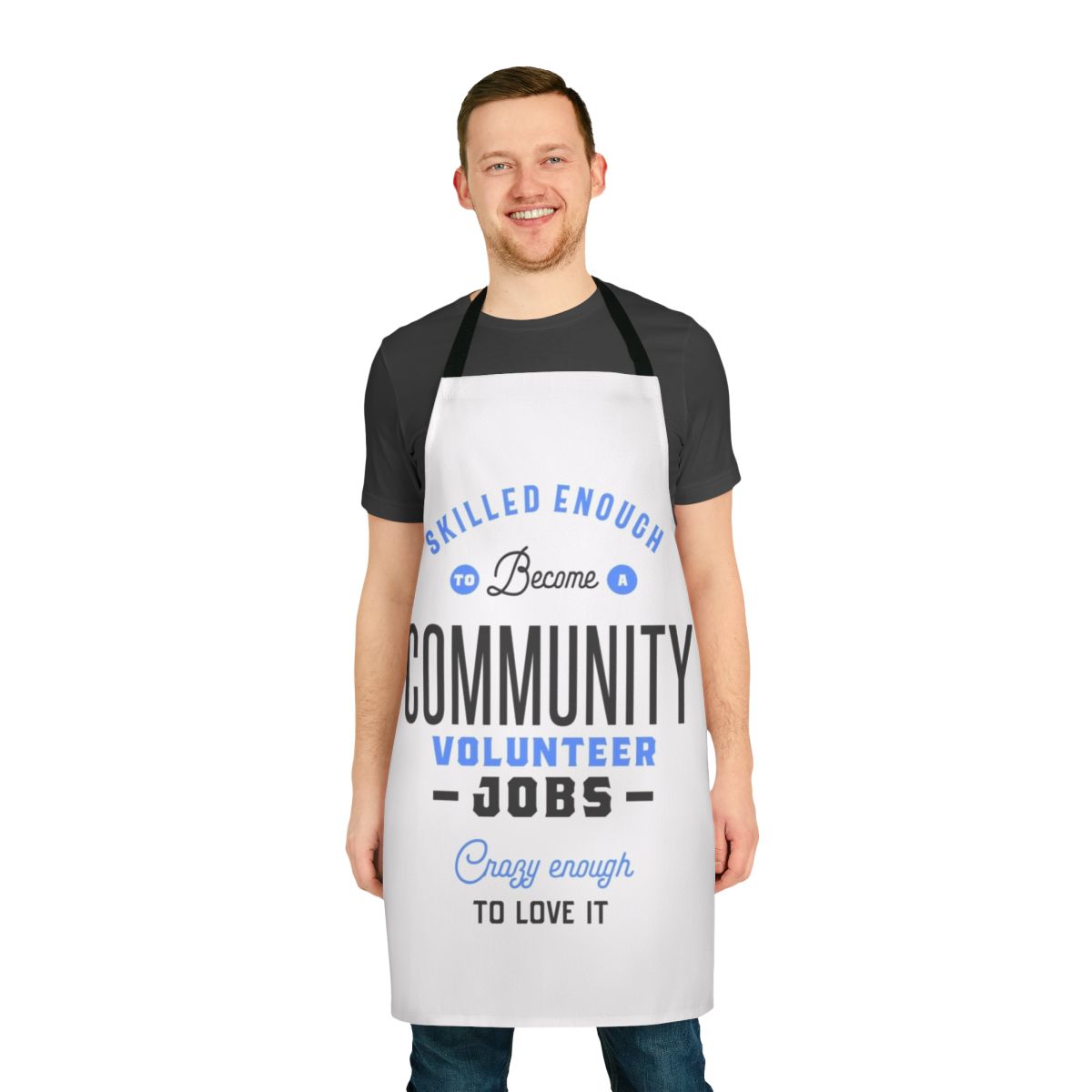 Volunteer wearing a durable, customizable apron for community service jobs