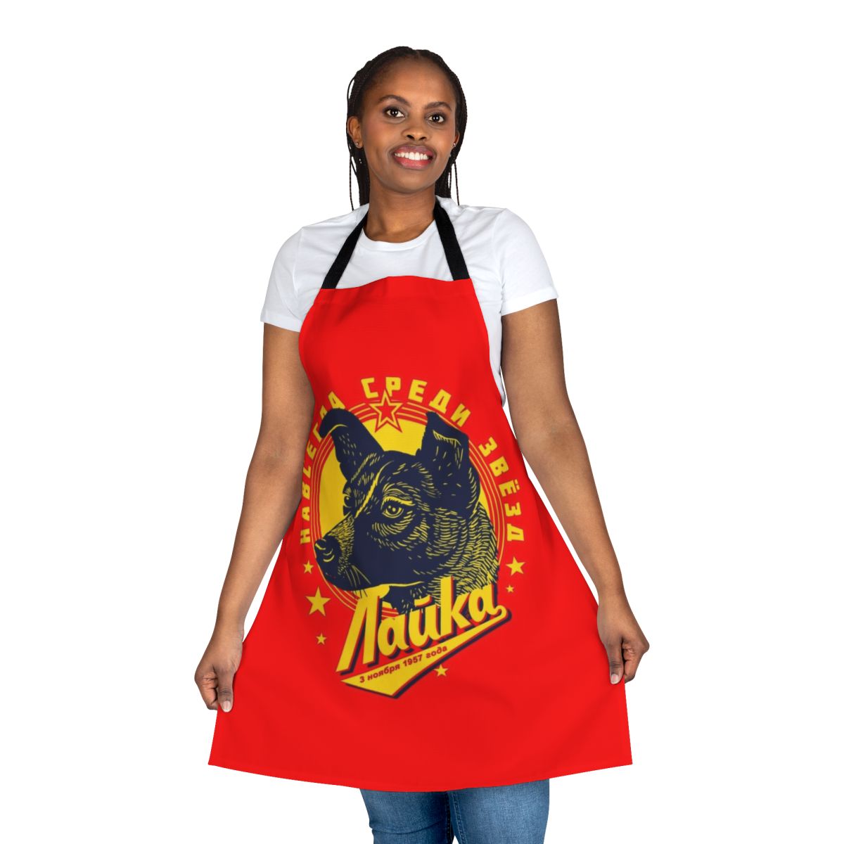 Apron featuring an illustration of Laika the Soviet space dog