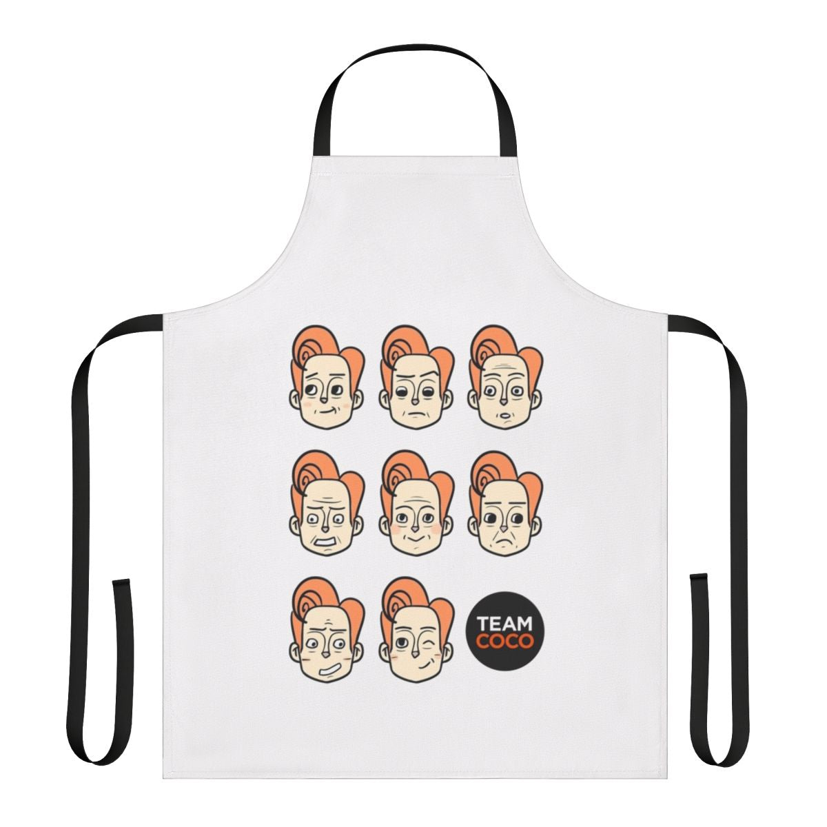 Conan-themed kitchen apron featuring various expressions and faces of the popular late-night host Conan O'Brien