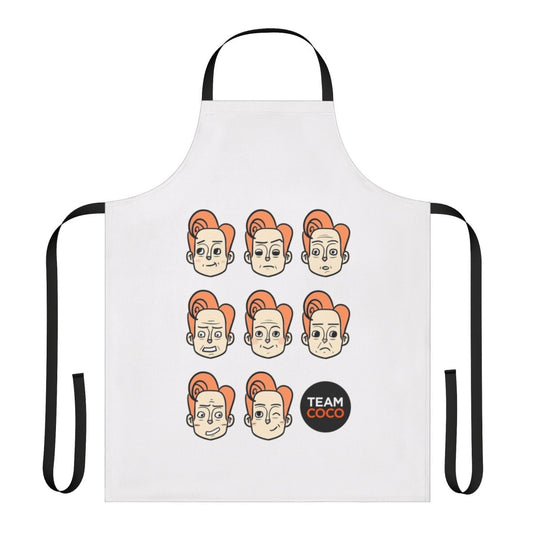 Conan-themed kitchen apron featuring various expressions and faces of the popular late-night host Conan O'Brien