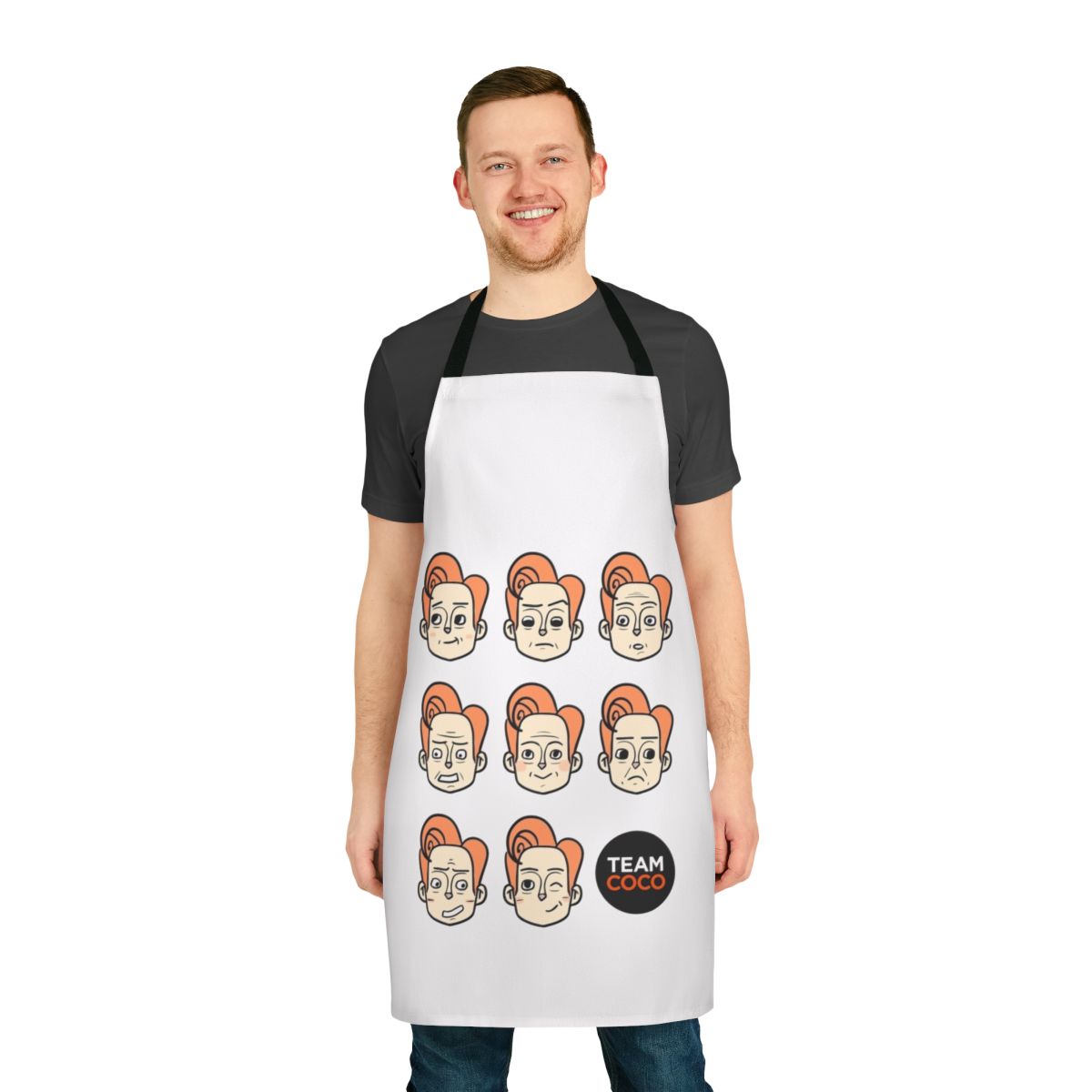 Conan-themed kitchen apron featuring various expressions and faces of the popular late-night host Conan O'Brien