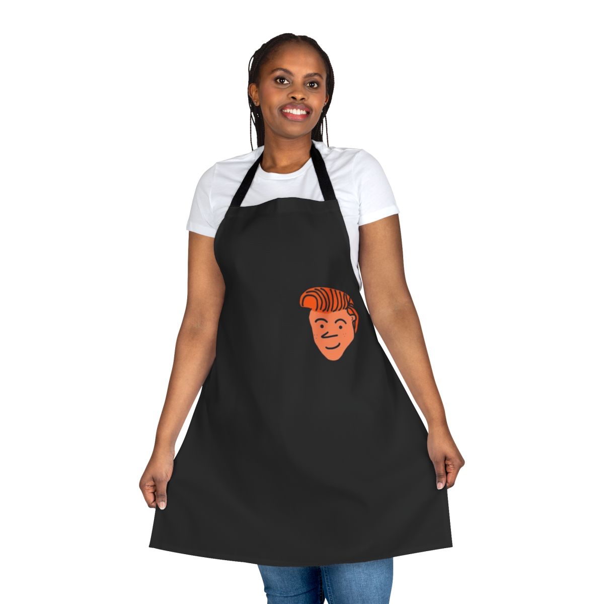 Conan inspired cartoon design apron with humorous sayings and doodles