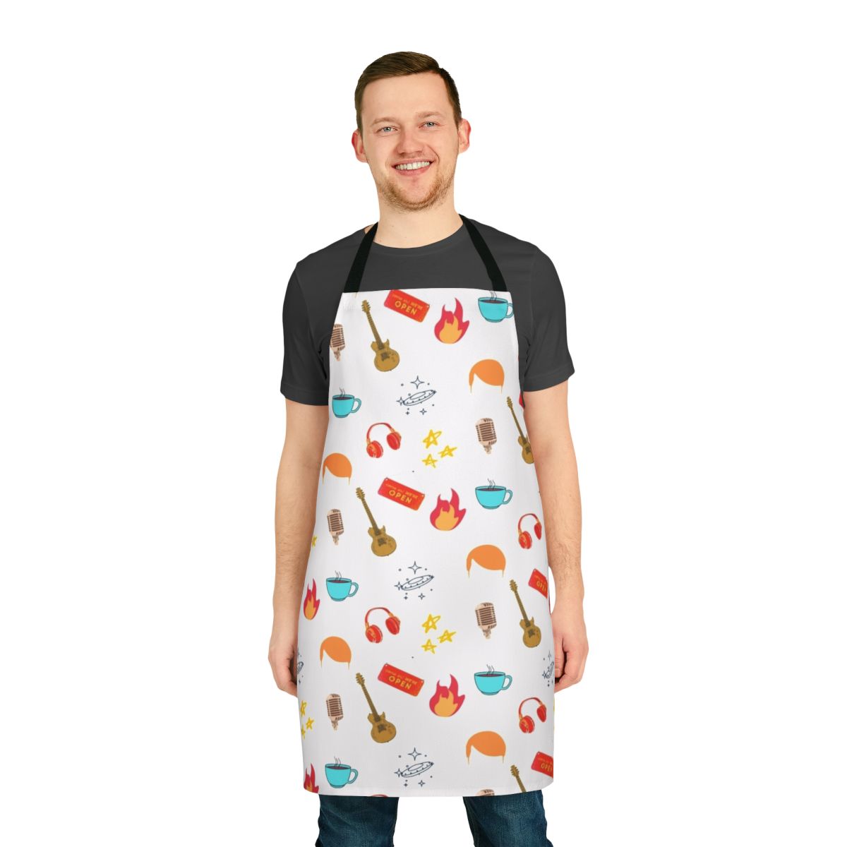 Colorful apron featuring a design inspired by Conan O'Brien's COCO TV show