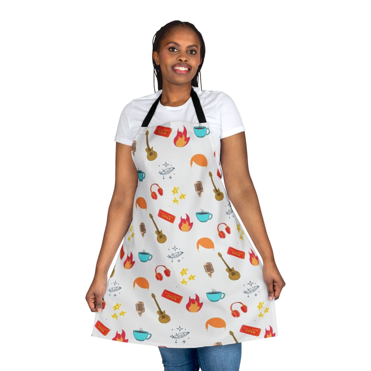 Colorful apron featuring a design inspired by Conan O'Brien's COCO TV show