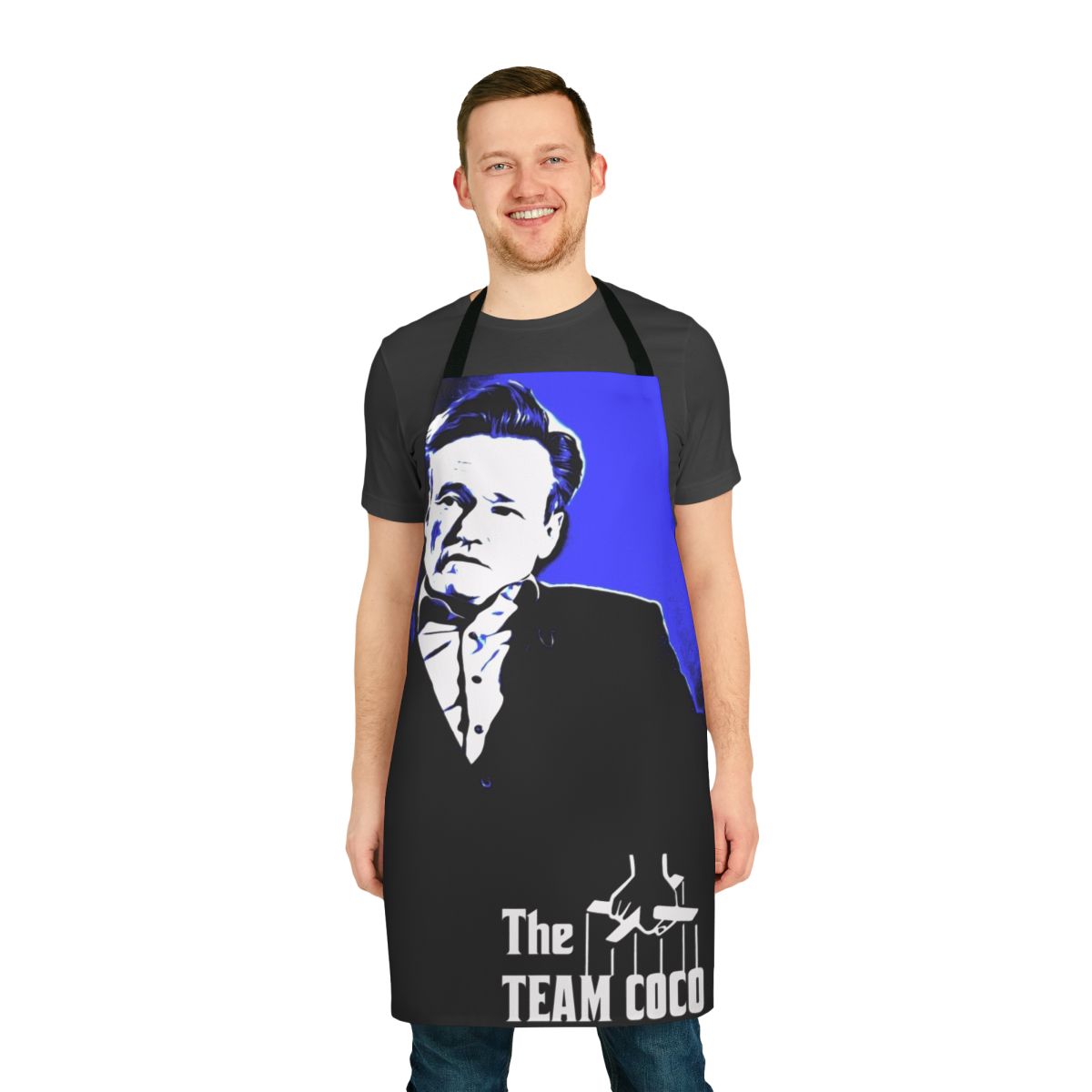 Conan O'Brien inspired apron featuring a portrait design in the style of The Godfather movie poster