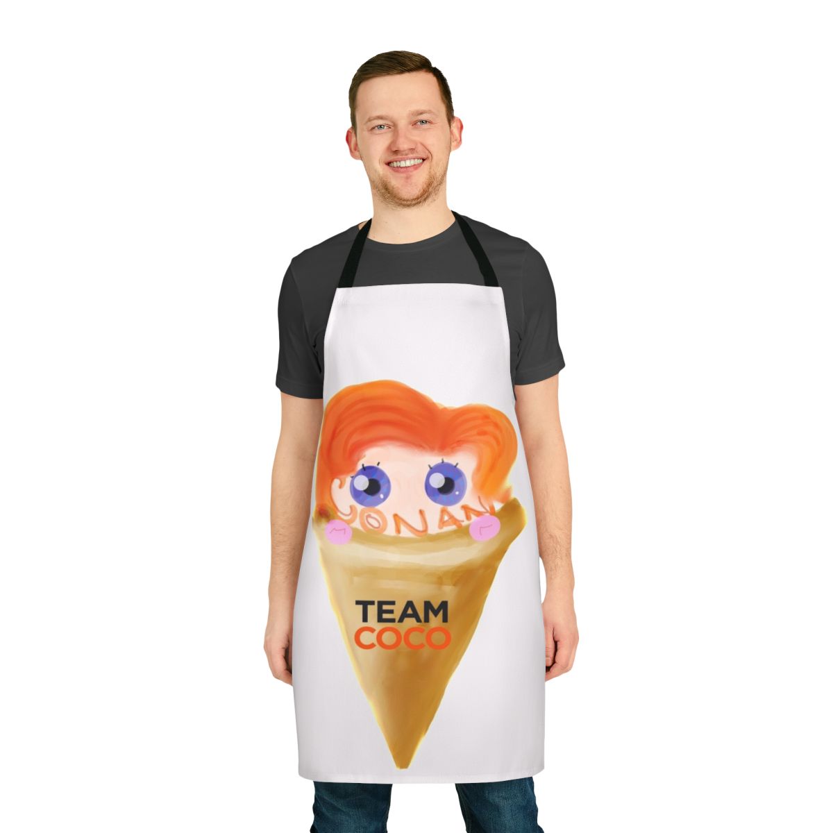Conan O'Brien inspired cooking apron with team coco branding
