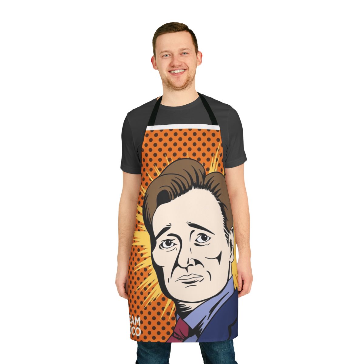 Conan O'Brien inspired cooking apron with Team Coco branding