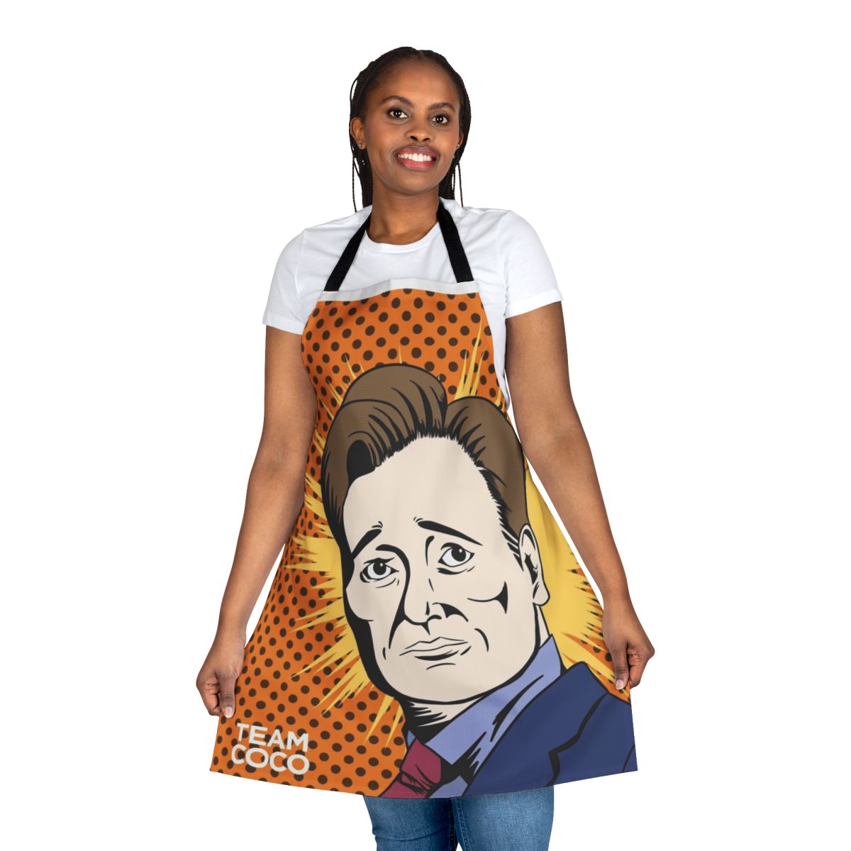 Conan O'Brien inspired cooking apron with Team Coco branding