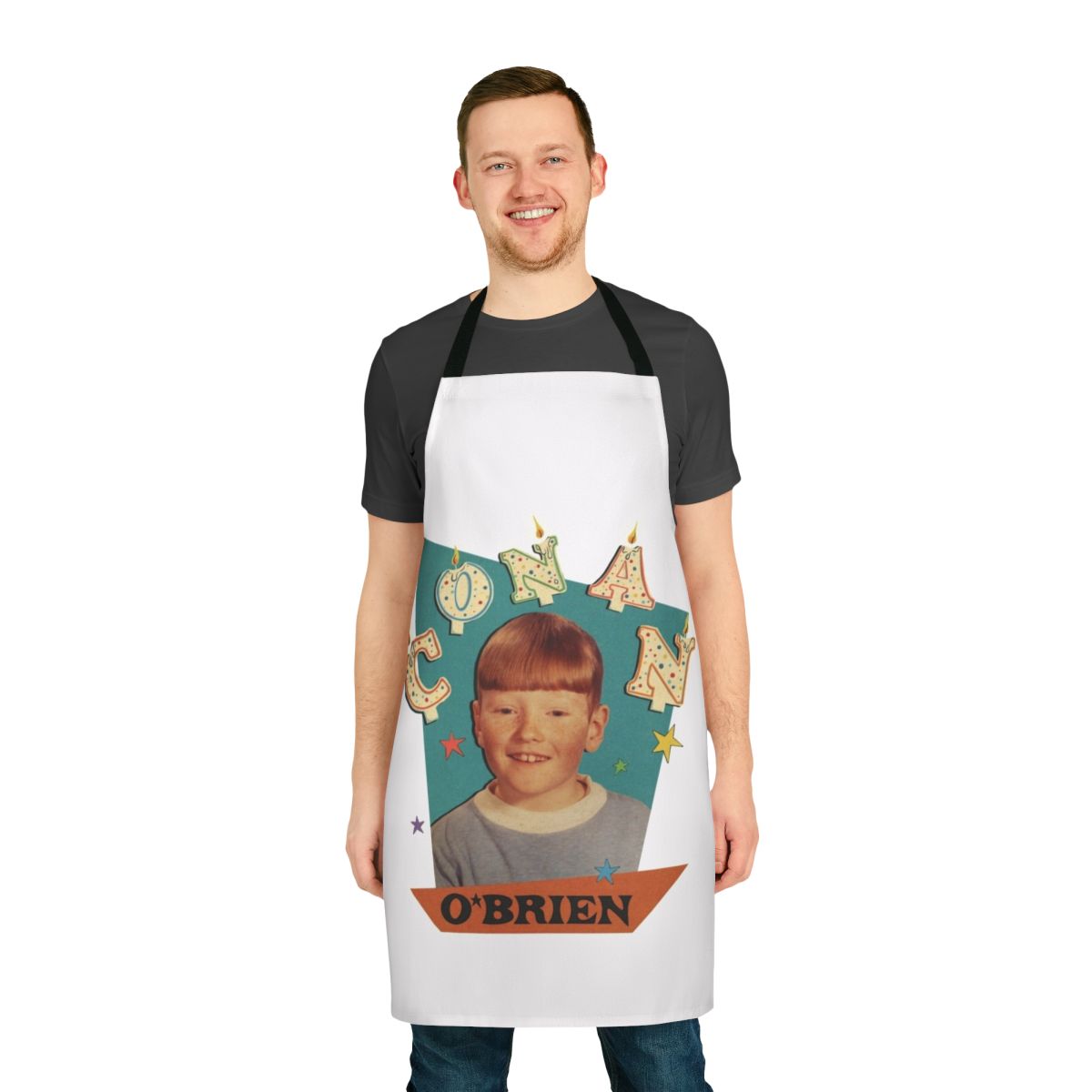 Conan O'Brien themed cooking apron with Team Coco logo