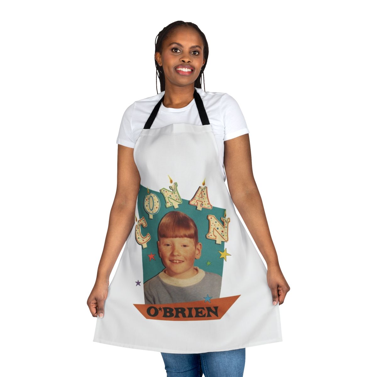 Conan O'Brien themed cooking apron with Team Coco logo