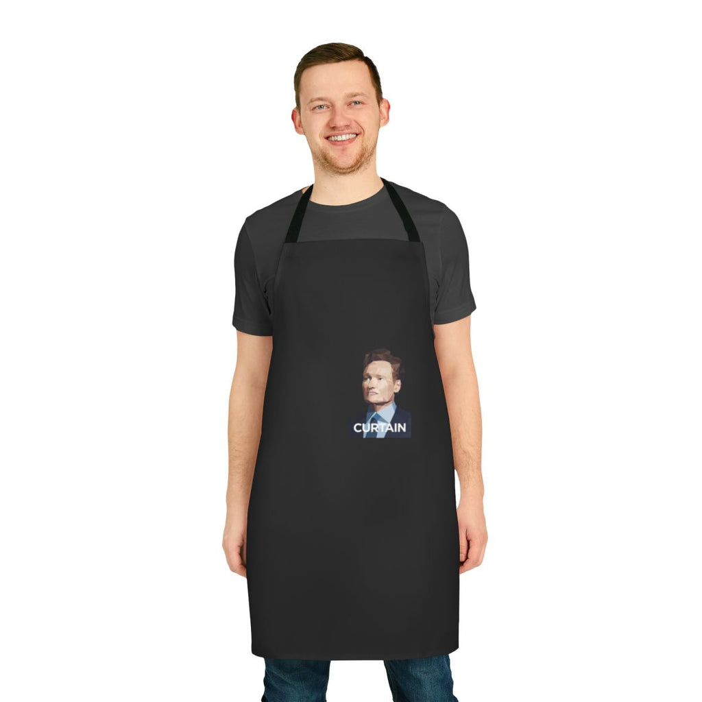 Apron featuring a curtain design inspired by Conan O'Brien's portrait