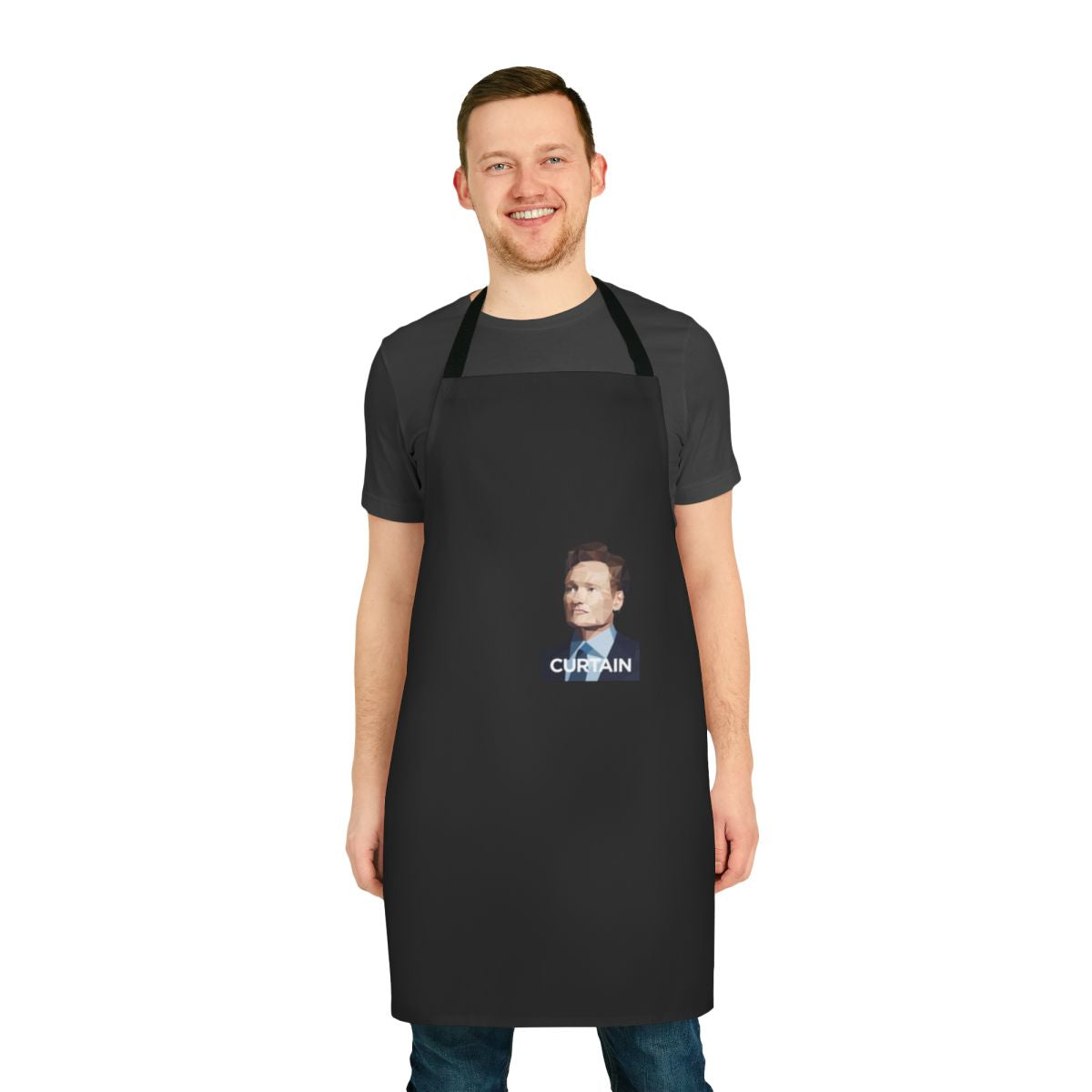 Apron featuring a curtain design inspired by Conan O'Brien's portrait