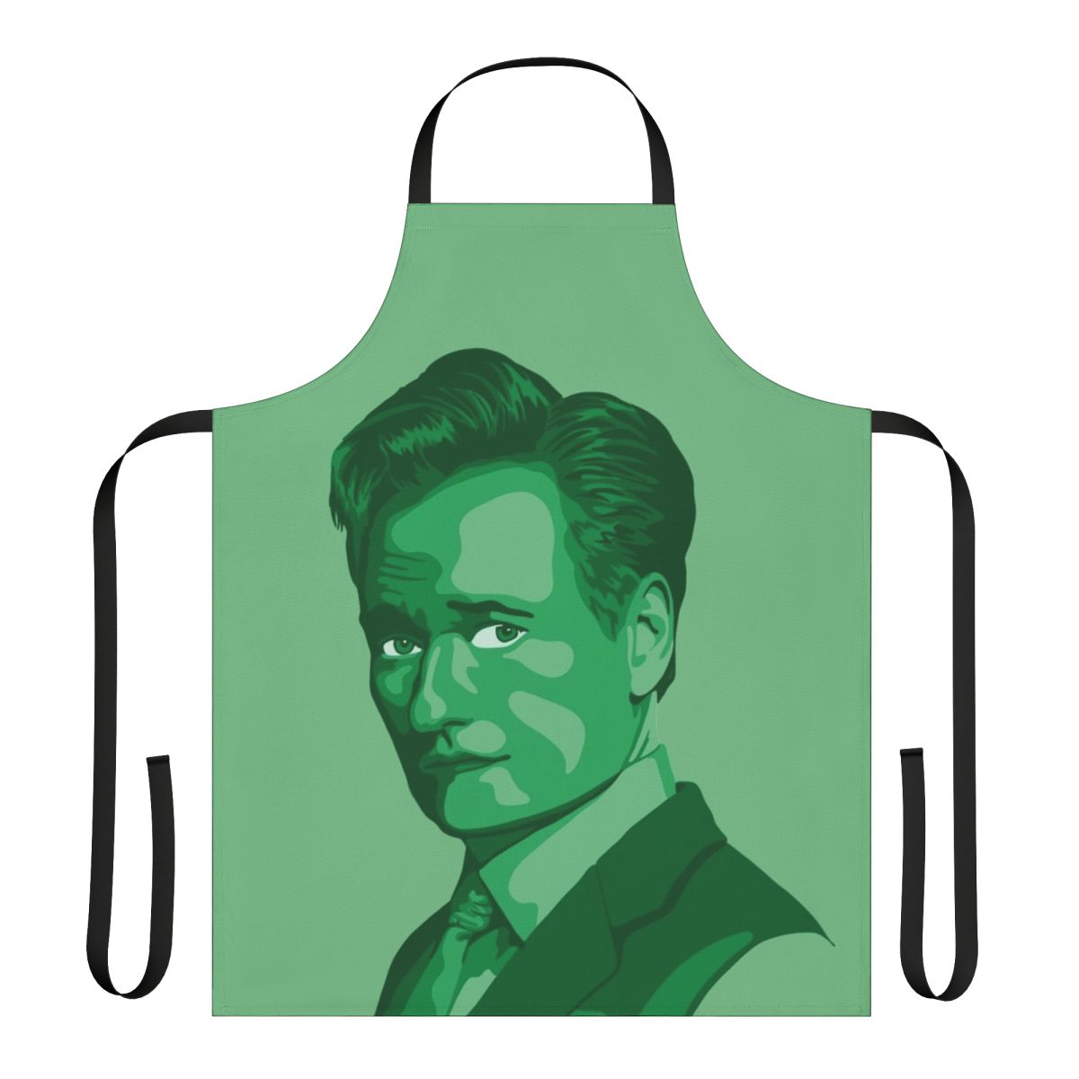 Conan O'Brien inspired green apron featuring a vibrant pop art portrait