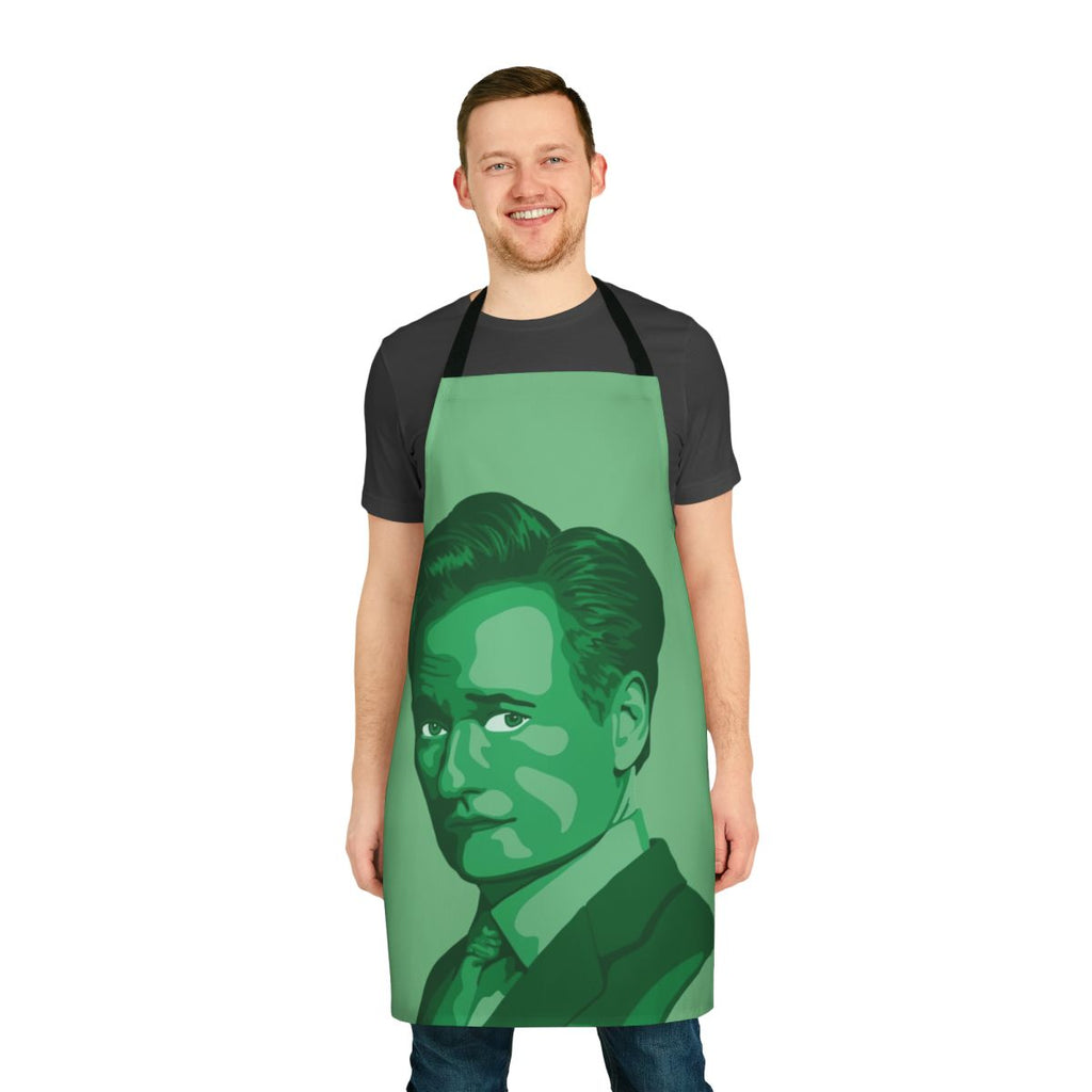 Conan O'Brien inspired green apron featuring a vibrant pop art portrait