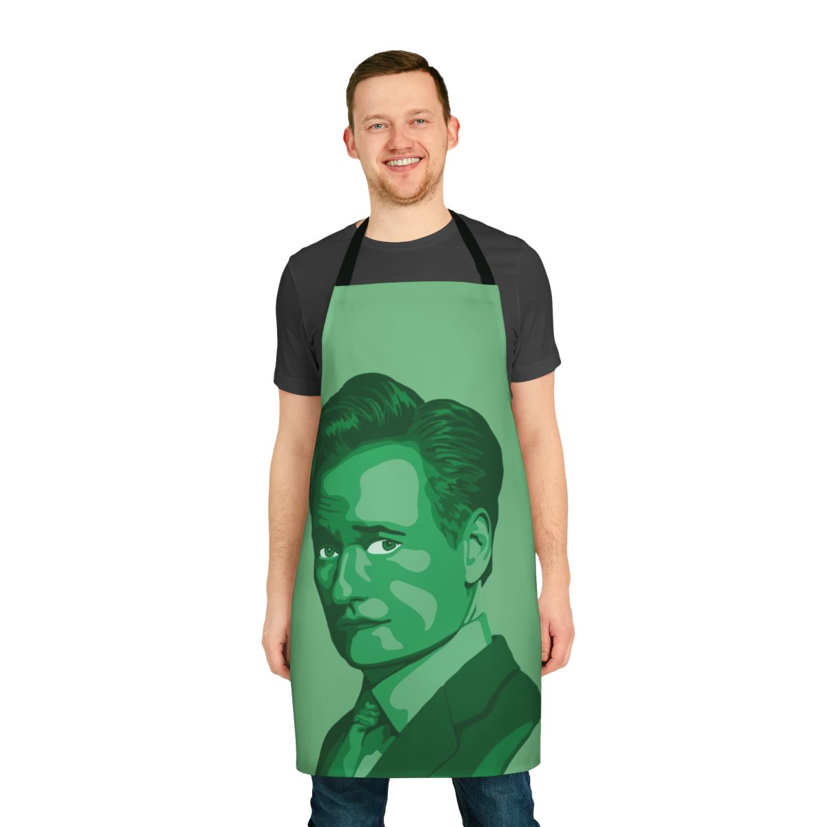 Conan O'Brien inspired green apron featuring a vibrant pop art portrait