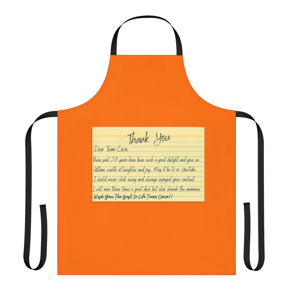 A black and red cooking apron featuring the "Team Coco" logo and a "Thank You" message, inspired by the popular late night talk show host Conan O'Brien.