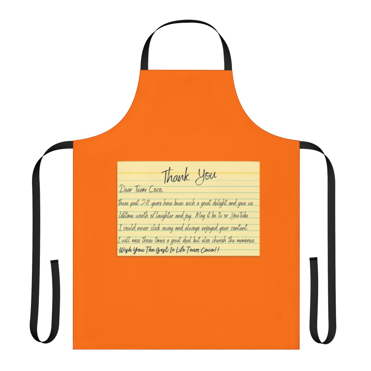 A black and red cooking apron featuring the "Team Coco" logo and a "Thank You" message, inspired by the popular late night talk show host Conan O'Brien.